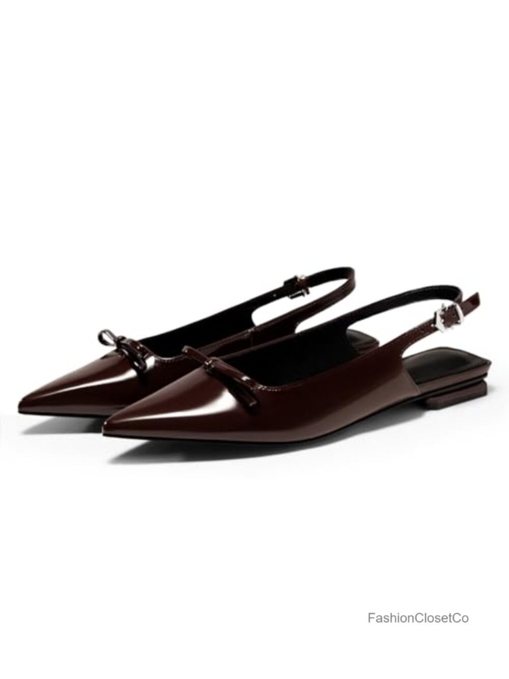Women's Slingback Flats Pointed Toe Bow Low Heel Ballet Work Shoes Faux Leather - Picture 1 of 5